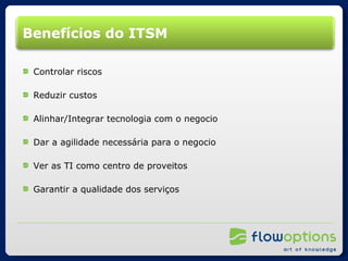 Benefícios do ITSM Controlar riscos Reduzir custos Alinhar/Integrar tecnologia com o negocio Dar a agilidade necessária para o negocio Ver as TI como centro de proveitos Garantir a qualidade dos serviços 