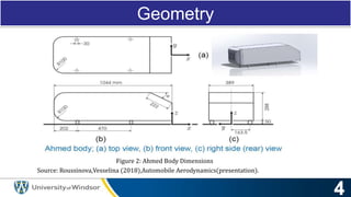 Geometry
Figure 2: Ahmed Body Dimensions
Source: Roussinova,Vesselina (2018),Automobile Aerodynamics(presentation).
 