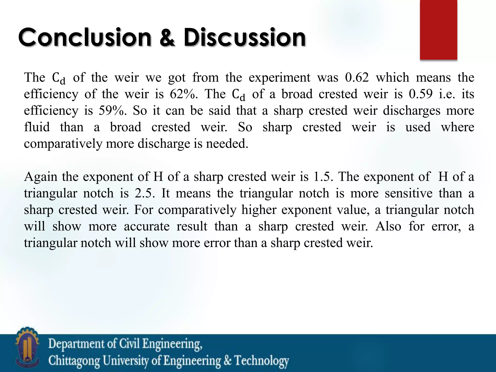 Conclusion & Discussion
The Cd of the weir we got from the experiment was 0.62 which means the
efficiency of the weir is 62%. The Cd of a broad crested weir is 0.59 i.e. its
efficiency is 59%. So it can be said that a sharp crested weir discharges more
fluid than a broad crested weir. So sharp crested weir is used where
comparatively more discharge is needed.
Again the exponent of H of a sharp crested weir is 1.5. The exponent of H of a
triangular notch is 2.5. It means the triangular notch is more sensitive than a
sharp crested weir. For comparatively higher exponent value, a triangular notch
will show more accurate result than a sharp crested weir. Also for error, a
triangular notch will show more error than a sharp crested weir.
 