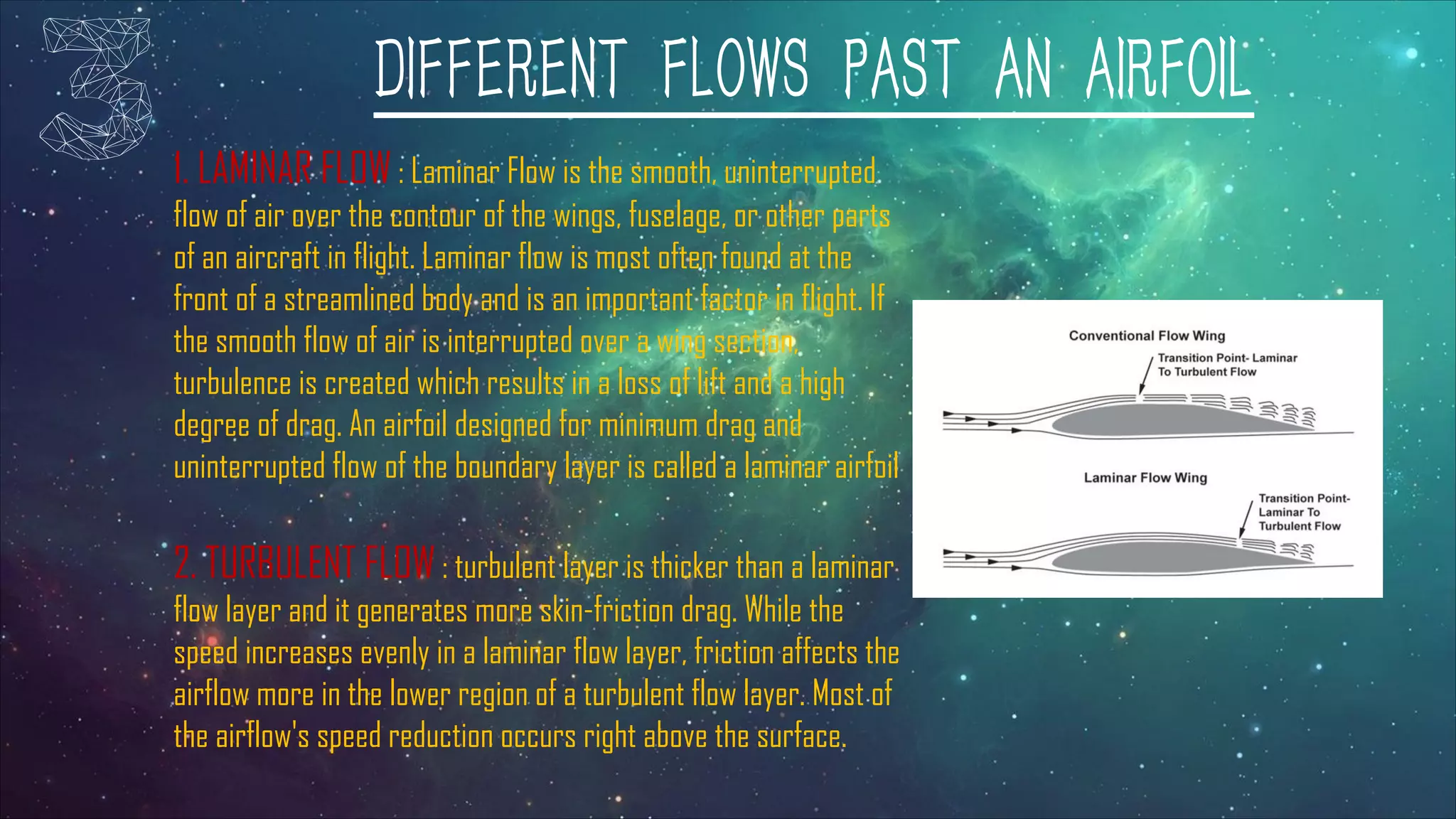 DIFFERENT FLOWS PAST AN AIRFOIL
1. LAMINAR FLOW : Laminar Flow is the smooth, uninterrupted
flow of air over the contour of the wings, fuselage, or other parts
of an aircraft in flight. Laminar flow is most often found at the
front of a streamlined body and is an important factor in flight. If
the smooth flow of air is interrupted over a wing section,
turbulence is created which results in a loss of lift and a high
degree of drag. An airfoil designed for minimum drag and
uninterrupted flow of the boundary layer is called a laminar airfoil
2. TURBULENT FLOW : turbulent layer is thicker than a laminar
flow layer and it generates more skin-friction drag. While the
speed increases evenly in a laminar flow layer, friction affects the
airflow more in the lower region of a turbulent flow layer. Most of
the airflow's speed reduction occurs right above the surface.
 