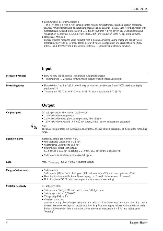 Flowphant t dtt31, dtt35 endress+hauser datasheetflow switch