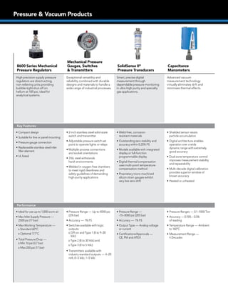 Pressure & Vacuum Products
8600 Series Mechanical
Pressure Regulators
Mechanical Pressure
Gauges, Switches
& Transmitters
...