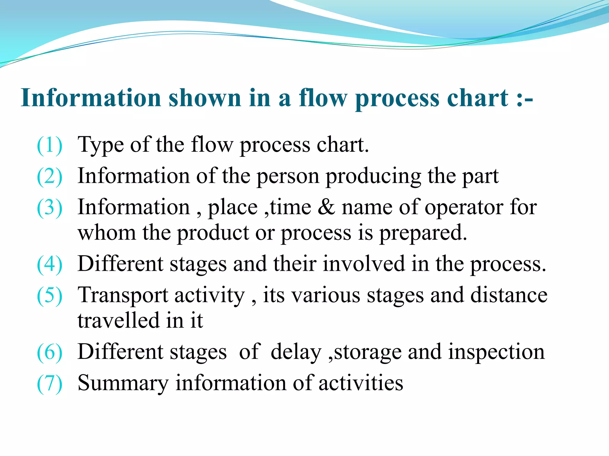 Information shown in a flow process chart :(1) Type of the flow process chart.
(2) Information of the person producing the part
(3) Information , place ,time & name of operator for
whom the product or process is prepared.
(4) Different stages and their involved in the process.
(5) Transport activity , its various stages and distance
travelled in it
(6) Different stages of delay ,storage and inspection
(7) Summary information of activities

 