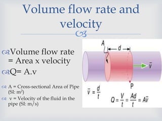
Volume flow rate and
velocity
Volume flow rate
= Area x velocity
Q= A.v
 A = Cross-sectional Area of Pipe
(SI: m2)
 v = Velocity of the fluid in the
pipe (SI: m/s)
 
