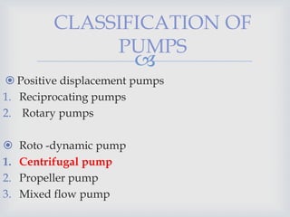 
CLASSIFICATION OF
PUMPS
 Positive displacement pumps
1. Reciprocating pumps
2. Rotary pumps
 Roto -dynamic pump
1. Centrifugal pump
2. Propeller pump
3. Mixed flow pump
 