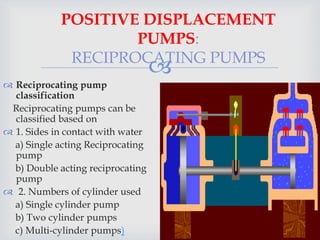
POSITIVE DISPLACEMENT
PUMPS:
RECIPROCATING PUMPS
 Reciprocating pump
classification
Reciprocating pumps can be
classified based on
 1. Sides in contact with water
a) Single acting Reciprocating
pump
b) Double acting reciprocating
pump
 2. Numbers of cylinder used
a) Single cylinder pump
b) Two cylinder pumps
c) Multi-cylinder pumps)
 