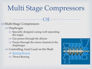 
 Multi-Stage Compressors
 Diaphragm
 Specially designed casing wall separating
the stages
 Gas passes through the difuser
 Passes through the return channel in the
diaphragm
 Controlling Axial Load on the Shaft
 Bearing Review
 Thrust Bearing
Multi Stage Compressors
 
