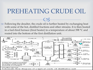  Following the desalter, the crude oil is further heated by exchanging heat
with some of the hot, distilled fractions and other streams. It is then heated
in a fuel-fired furnace (fired heater) to a temperature of about 398 °C and
routed into the bottom of the first distillation unit.
LISTEN...LEARN...THINK...GROW 17
PREHEATING CRUDE OIL
 