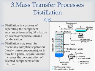 
3.Mass Transfer Processes
Distillation
 Distillation is a process of
separating the component
substances from a liquid mixture
by selective vaporization and
condensation.
 Distillation may result in
essentially complete separation
(nearly pure components), or it
may be a partial separation that
increases the concentration of
selected components of the
mixture.
 