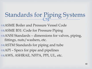 
60
Standards for Piping Systems
ASME Boiler and Pressure Vessel Code
ASME B31: Code for Pressure Piping
ANSI Standards – dimensions for valves, piping,
fittings, nuts/washers, etc.
ASTM Standards for piping and tube
API – Specs for pipe and pipelines
AWS, ASHRAE, NFPA, PPI, UL, etc.
 