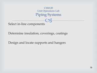 
79
CM4120
Unit Operations Lab
Piping Systems
Select in-line components
Determine insulation, coverings, coatings
Design and locate supports and hangers
 