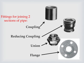 87
Fittings for joining 2
sections of pipe:
Coupling
Reducing Coupling
Union
Flange
 