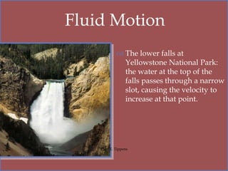 
Paul E. Tippens
Fluid Motion
 The lower falls at
Yellowstone National Park:
the water at the top of the
falls passes through a narrow
slot, causing the velocity to
increase at that point.
 