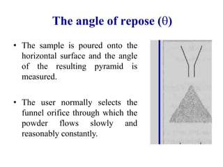 The angle of repose ()
• The sample is poured onto the
horizontal surface and the angle
of the resulting pyramid is
measured.
• The user normally selects the
funnel orifice through which the
powder flows slowly and
reasonably constantly.
 