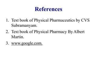 References
1. Text book of Physical Pharmaceutics by CVS
Subramanyam.
2. Text book of Physical Pharmacy ByAlbert
Martin.
3. www.google.com.
 