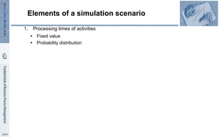 Elements of a simulation scenario
1. Processing times of activities
 Fixed value
 Probability distribution
44
 