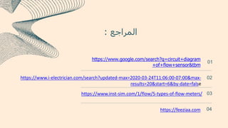 ‫المراجع‬
:
https://www.google.com/search?q=circuit+diagram
+of+flow+sensor&tbm
01
https://www.i-electrician.com/search?updated-max=2020-03-24T11:06:00-07:00&max-
results=20&start=6&by-date=false
02
https://www.inst-sim.com/1/flow/5-types-of-flow-meters/ 03
https://feeziaa.com 04
 
