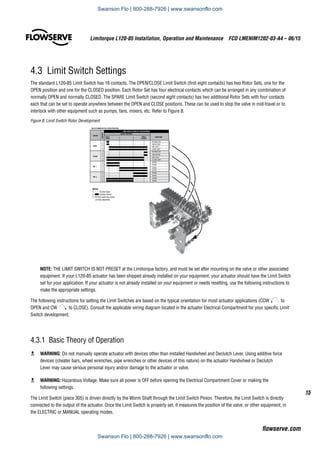 15
Limitorque L120-85 Installation, Operation and Maintenance  FCD LMENIM1202-03-A4 – 06/15
flowserve.com
4.3  Limit Switch Settings
The standard L120-85 Limit Switch has 16 contacts. The OPEN/CLOSE Limit Switch (first eight contacts) has two Rotor Sets, one for the
OPEN position and one for the CLOSED position. Each Rotor Set has four electrical contacts which can be arranged in any combination of
normally OPEN and normally CLOSED. The SPARE Limit Switch (second eight contacts) has two additional Rotor Sets with four contacts
each that can be set to operate anywhere between the OPEN and CLOSE positions. These can be used to stop the valve in mid-travel or to
interlock with other equipment such as pumps, fans, mixers, etc. Refer to Figure 8.
Figure 8: Limit Switch Rotor Development
NOTES
1. Contact Open
2. Contact Closed
3. All limit switch trip points
are fully adjustable.
.
BY-PASS CIR.
IND LIGHT
OPEN LIMIT
BY-PASS CIR
IND LIGHT
CLOSE LIMIT
SPARE
SPARE
SPARE
SPARE
SPARE
SPARE
SPARE
SPARE
FULLY
OPEN
A B
FULLY
CLOSED
VALVE SHOWN IN FULL OPEN POSITION
INDICATION
INDICATION
LIMIT SWITCH CONTA CT DEVELOPMENT
VALVE POSITION
ROTOR
OPEN
CLOSE
INT.1
INT.2
FUNCTION
1
2
3
4
5
6
7
8
9
10
11
12
13
14
15
16
CONTACT
NOTE: THE LIMIT SWITCH IS NOT PRESET at the Limitorque factory, and must be set after mounting on the valve or other associated
equipment. If your L120-85 actuator has been shipped already installed on your equipment, your actuator should have the Limit Switch
set for your application. If your actuator is not already installed on your equipment or needs resetting, use the following instructions to
make the appropriate settings.
The following instructions for setting the Limit Switches are based on the typical orientation for most actuator applications (CCW to
OPEN and CW to CLOSE). Consult the applicable wiring diagram located in the actuator Electrical Compartment for your specific Limit
Switch development.
4.3.1  Basic Theory of Operation
c	 WARNING: Do not manually operate actuator with devices other than installed Handwheel and Declutch Lever. Using additive force
devices (cheater bars, wheel wrenches, pipe wrenches or other devices of this nature) on the actuator Handwheel or Declutch
Lever may cause serious personal injury and/or damage to the actuator or valve.
c	 WARNING: Hazardous Voltage. Make sure all power is OFF before opening the Electrical Compartment Cover or making the
following settings.
The Limit Switch (piece 305) is driven directly by the Worm Shaft through the Limit Switch Pinion. Therefore, the Limit Switch is directly
connected to the output of the actuator. Once the Limit Switch is properly set, it measures the position of the valve, or other equipment, in
the ELECTRIC or MANUAL operating modes.
Swanson Flo | 800-288-7926 | www.swansonflo.com
Swanson Flo | 800-288-7926 | www.swansonflo.com
 