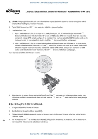 Limitorque L120-85 Installation, Operation and Maintenance  FCD LMENIM1202-03-A4 – 06/15
18
a	 CAUTION: For highly geared actuators, one turn of the handwheel may not be sufficient to allow for coast of moving parts. Refer to
valve manufacturer setting requirements in these cases.
6.	 Push in Clutch Screw and turn CW one quarter turn to latch in a depressed position.
7.	 Limit Switch Rotor Cams
A.	 If your Limit Switch Rotor Cams did not trip at the full OPEN position point, turn the Intermediate Open Shaft in a CW
direction until the Open Limit Rotor Cam rotates 90° to make an OPEN contact (OPEN limit trip point = Rotor Cam in a vertical
orientation to make an OPEN contact); see figure 10 for orientation. Once you have reached the full OPEN position point, use the
Handwheel to rotate the Intermediate Shaft slowly in the CCW direction until the Rotor just trips again.
B.	 If your Limit Switch Rotor Cams did trip before reaching the full OPEN position point, leave the valve at the full OPEN position
point and turn the Intermediate Open Shaft in a CCW direction until the Rotor Cam rotates 90° to make an OPEN contact
(OPEN limit trip point = Rotor Cam in a vertical orientation to make an OPEN contact). Once you have reached the full OPEN
position point, rotate the Intermediate Shaft slowly in the CW direction until the Rotor just trips again.
Figure 10: Limit Switch OPEN/CLOSED Rotor Cam orientation
OPEN
Contact
CLOSED
Contact
Contact
Plunger
Rotor
Cams
8.	 Before operating the actuator, depress and turn the Clutch Screw CCW one-quarter turn to the spring release position. Insert
a screwdriver into each of the Intermediate Shafts and “rock” them CW and CCW a few times to ensure all the gearing is
seated well.
4.3.4  Setting the CLOSE Limit Switch
1.	 De-engerize the electrical circuit to the actuator.
2.	 Open the Electrical Compartment Cover (piece 200-1).
3.	 Put the actuator into MANUAL operation by moving the Declutch Lever in the direction of the arrow on the lever until the Declutch
Lever locks in place.
4.	 Turn the Handwheel CW to move the valve to the full CLOSED position. While turning the Handwheel, note the direction of the
Intermediate Shaft that corresponds to the Closed Rotor Group.
Swanson Flo | 800-288-7926 | www.swansonflo.com
Swanson Flo | 800-288-7926 | www.swansonflo.com
 