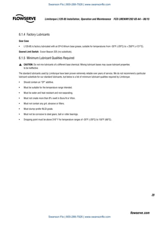 29
Limitorque L120-85 Installation, Operation and Maintenance  FCD LMENIM1202-03-A4 – 06/15
flowserve.com
6.1.4  Factory Lubricants
Gear Case 	
•	 L120-85 is factory lubricated with an EP-0 lithium base grease, suitable for temperatures from -20°F (-29°C) to + 250°F (+121°C).
Geared Limit Switch:  Exxon Beacon 325 (no substitute).
6.1.5  Minimum Lubricant Qualities Required
a	 CAUTION: Do not mix lubricants of a different base chemical. Mixing lubricant bases may cause lubricant properties		
to be ineffective.
The standard lubricants used by Limitorque have been proven extremely reliable over years of service. We do not recommend a particular
lubricant substitute for our standard lubricants, but below is a list of minimum lubricant qualities required by Limitorque:
•	 Should contain an “EP” additive.
•	 Must be suitable for the temperature range intended.
•	 Must be water and heat resistant and non-separating.
•	 Must not create more than 8% swell in Buna N or Viton.
•	 Must not contain any grit, abrasive or fillers.
•	 Must slump–prefer NLGI grade.
•	 Must not be corrosive to steel gears, ball or roller bearings.
•	 Dropping point must be above 316° F for temperature ranges of -20°F (-29°C) to 150°F (66°C).
Swanson Flo | 800-288-7926 | www.swansonflo.com
Swanson Flo | 800-288-7926 | www.swansonflo.com
 