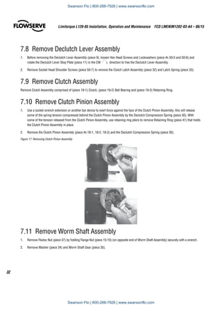 Limitorque L120-85 Installation, Operation and Maintenance  FCD LMENIM1202-03-A4 – 06/15
32
7.8 Remove Declutch Lever Assembly
1.	 Before removing the Declutch Lever Assembly (piece 9), loosen Hex Head Screws and Lockwashers (piece #s 50-5 and 50-6) and
rotate the Declutch Lever Stop Plate (piece 11) in the CW direction to free the Declutch Lever Assembly.
2.	 Remove Socket Head Shoulder Screws (piece 50-7) to remove the Clutch Latch Assembly (piece 32) and Latch Spring (piece 33).
7.9  Remove Clutch Assembly
Remove Clutch Assembly comprised of (piece 19-1) Clutch, (piece 19-2) Ball Bearing and (piece 19-3) Retaining Ring.
7.10 Remove Clutch Pinion Assembly
1.	 Use a socket wrench extension or another bar device to exert force against the face of the Clutch Pinion Assembly; this will release
some of the spring tension compressed behind the Clutch Pinion Assembly by the Declutch Compression Spring (piece 30). With
some of the tension released from the Clutch Pinion Assembly, use retaining ring pliers to remove Retaining Ring (piece 41) that holds
the Clutch Pinion Assembly in place.
2.	 Remove the Clutch Pinion Assembly (piece #s 18-1, 18-2, 18-3) and the Declutch Compression Spring (piece 30).
Figure 17: Removing Clutch Pinion Assembly
7.11 Remove Worm Shaft Assembly
1.	 Remove Flexloc Nut (piece 37) by holding Flange Nut (piece 15-10) (on opposite end of Worm Shaft Assembly) securely with a wrench.
2.	 Remove Washer (piece 34) and Worm Shaft Gear (piece 35).
Swanson Flo | 800-288-7926 | www.swansonflo.com
Swanson Flo | 800-288-7926 | www.swansonflo.com
 