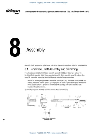 8	Assembly
Assembly should be conducted in the reverse order of the disassembly procedures noting the following points:
8.1 Handwheel Shaft Assembly and Shimming
If you have disassembled the Clutch Latch Assembly (pieces 32-1, 32-2 and 33) or have replaced the
Handwheel Shaft Assembly, Clutch Pinion Assembly (piece 18), Clutch Assembly (piece 19) or Motor Cam
(piece 38) you need to re-shim the Handwheel Assembly using the following procedure:
1.	 Remove the Retaining Ring (piece 4-3), Handwheel Spacer (piece 4-2), Handwheel Shims (piece #s 6-1
and 6-2), Handwheel Bushing (piece 4-1), O-rings (piece #s 43 and 44) and second group of Handwheel
Shims (piece #s 6-1 and 6-2) from the Handwheel Shaft Assembly. Refer to the Illustrated Parts
Breakdown for additional views.
Figure 18: Key components affected by Handwheel shimming (Motor Cam not shown)
ClutchAssembly Clutch Pinion
Assembly
Handwheel Shaft
Assembly
Position of Latch for shimming
Handwheel Shaft
3-3 3-2
2-1
4-1
44 43 4-2
4-3
18-2
18-1
19-2
19-3 19-1 3-1
18-3 6-1
2-2
6-1
32-1 19-2
(qty. 1) (qty. 5)
Limitorque L120-85 Installation, Operation and Maintenance  FCD LMENIM1202-03-A4 – 06/15
34
Swanson Flo | 800-288-7926 | www.swansonflo.com
Swanson Flo | 800-288-7926 | www.swansonflo.com
 