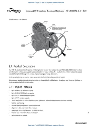 Figure 1: Limitorque L120-85 Actuator
Thrust
Base
Handwheel
Electrical
Compartment
Cover
Conduit
Openings
(plugged; two additional openings
are supplied on the bottom of the
Electrical Compartment)
Housing
Declutch
Lever
Motor
Position
Indication
Window
2.4  Product Description
Your L120-85 actuator controls the opening and closing travel of valves or other actuated devices. OPEN and CLOSED limits of travel are
controlled by limit switches, and output torque is controlled by the Torque Switches. As a result, all valves and other actuated devices are
protected from potential damage from overload, improper seating and foreign obstructions.
Limitorque actuators may be mounted on any appropriately sized valve in almost any position or location.
Microprocessor-based controls and monitoring devices are also available for L120 actuators. Contact your local Limitorque distributor or
Limitorque sales office for further information.
2.5  Product Features
•	 Up to 850 ft-lb/1156 Nm torque capacity.
•	 Up to 45,000 lb./20250 kg thrust capacity.
•	 Up to 3.25/76 mm threaded stem capacity.
•	 Up to 2.75/70 mm bore capacity.
•	 Torque Only (Drive 1) or Torque and Thrust (Drive 2) actuators, with removable ductile iron thrust base assembly.
•	 Cast iron gear housing.
•	 All power gearing supported on anti-friction bearings.
•	 All gearing is alloy, heat-treated steel or bronze.
•	 Speed range of 24-192 RPM (60 Hz), 20-160 RPM (50 Hz).
•	 Declutch force independent of load on valve stem.
•	 Self-locking gearing available.
7
Limitorque L120-85 Installation, Operation and Maintenance  FCD LMENIM1202-03-A4 – 06/15
flowserve.com
Swanson Flo | 800-288-7926 | www.swansonflo.com
Swanson Flo | 800-288-7926 | www.swansonflo.com
 