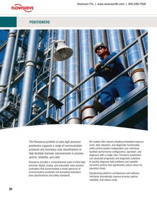 30
The Flowserve portfolio of ultra-high precision
positioners supports a range of communication
protocols and hazardous area classifications to
help facilitate dramatic improvements in process
uptime, reliability, and yield.
Flowserve provides a comprehensive suite of ultra-high
precision digital, analog, and pneumatic valve position
controllers that accommodate a broad spectrum of
communication protocols and prevailing hazardous
area classifications and safety standards.
All models offer industry-leading embedded measure-
ment, data reduction, and diagnostic functionality,
while control system-independent user interfaces
facilitate performance configuration, operation, and
diagnosis with a single view. Flowserve positioners
use advanced prognostic and diagnostic solutions
to quickly diagnose field problems and expedite
corrective actions that significantly reduce return-to-
operation times.
Standardized platform architectures and software
interfaces dramatically improve process uptime,
reliability, and reduce costs.
POSITIONERS
Swanson Flo | www.swansonflo.com | 800-288-7926
 