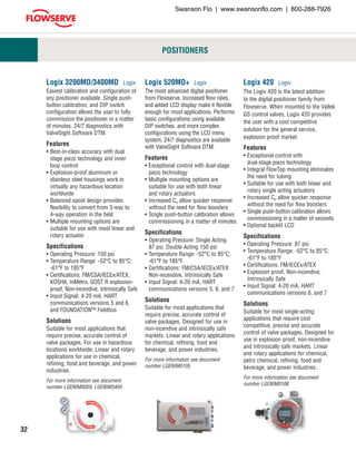 32
Logix 3200MD/3400MD Logix
Easiest calibration and configuration of
any positioner available. Single push-
button calibration, and DIP switch
configuration allows the user to fully
commission the positioner in a matter
of minutes. 24/7 diagnostics with
ValveSight Software DTM.
Features
•	Best-in-class accuracy with dual
stage piezo technology and inner
loop control
•	Explosion-proof aluminum or
stainless steel housings work in
virtually any hazardous location
worldwide
•	Balanced spool design provides
flexibility to convert from 3-way to
4-way operation in the field
•	Multiple mounting options are
suitable for use with most linear and
rotary actuator
Specifications
•	Operating Pressure: 150 psi
•	Temperature Range: -52°C to 85°C;
-61°F to 185°F
•	Certifications: FM/CSA/IECEx/ATEX,
KOSHA, InMetro, GOST R explosion-
proof, Non-incendive, Intrinsically Safe
•	Input Signal: 4-20 mA, HART
communications versions 5 and 6,
and FOUNDATION™ Fieldbus
Solutions
Suitable for most applications that
require precise, accurate control of
valve packages. For use in hazardous
locations worldwide. Linear and rotary
applications for use in chemical,
refining, food and beverage, and power
industries.
For more information see document
number LGENIM0059, LGENIM3404
Logix 520MD+ Logix
The most advanced digital positioner
from Flowserve. Increased flow rates,
and added LCD display make it flexible
enough for most applications. Performs
basic configurations using available
DIP switches, and more complex
configurations using the LCD menu
system. 24/7 diagnostics are available
with ValveSight Software DTM.
Features
•	Exceptional control with dual-stage
piezo technology
•	Multiple mounting options are
suitable for use with both linear
and rotary actuators
•	Increased Cv allow quicker response
without the need for flow boosters
•	Single push-button calibration allows
commissioning in a matter of minutes
Specifications
•	Operating Pressure: Single Acting
87 psi, Double Acting 150 psi
•	Temperature Range: -52°C to 85°C;
-61°F to 185°F
•	Certifications: FM/CSA/IECEx/ATEX
Non-incendive, Intrinsically Safe
•	Input Signal: 4-20 mA, HART
communications versions 5, 6, and 7
Solutions
Suitable for most applications that
require precise, accurate control of
valve packages. Designed for use in
non-incendive and intrinsically safe
markets. Linear and rotary applications
for chemical, refining, food and
beverage, and power industries.
For more information see document
number LGENIM0105
Logix 420 Logix
The Logix 420 is the latest addition
to the digital positioner family from
Flowserve. When mounted to the Valtek
GS control valves, Logix 420 provides
the user with a cost competitive
solution for the general service,
explosion proof market.
Features
•	Exceptional control with
dual-stage piezo technology
•	Integral FlowTop mounting eliminates
the need for tubing
•	Suitable for use with both linear and
rotary single acting actuators
•	Increased Cv allow quicker response
without the need for flow boosters
•	Single push-button calibration allows
commissioning in a matter of seconds
•	Optional backlit LCD
Specifications
•	Operating Pressure: 87 psi
•	Temperature Range: -52°C to 85°C;
-61°F to 185°F
•	Certifications: FM/IECEx/ATEX
•	Explosion proof, Non-incendive,
Intrinsically Safe
•	Input Signal: 4-20 mA, HART
communications versions 6, and 7
Solutions
Suitable for most single-acting
applications that require cost
competitive, precise and accurate
control of valve packages. Designed for
use in explosion proof, non-incendive
and intrinsically safe markets. Linear
and rotary applications for chemical,
petro chemical, refining, food and
beverage, and power industries.
For more information see document
number LGENIM0106
POSITIONERS
Swanson Flo | www.swansonflo.com | 800-288-7926
 