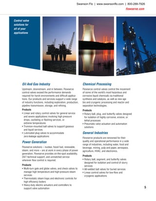 flowserve.com
5
Oil And Gas Industry
Upstream, downstream, and in between, Flowserve
control valves exceed the performance demands
required for harsh environments and difficult applica-
tions. Our products and services support a wide range
of industry functions, including exploration, production,
pipeline transmission, storage, and refining.
Products
•	 Linear and rotary control valves for general service
and severe applications involving high pressure
drops, cavitating or flashing services, or
extreme temperatures
•	 Trunnion-mounted ball valves to support gaseous
and liquid services
•	 Lubricated plug valves to accommodate
zero-leakage applications
Power Generation
Flowserve solutions – nuclear, fossil fuel, renewable,
steam, and more – are at work in every phase of power
generation. Flowserve provides on-the-spot availability,
24/7 technical support, and unmatched service
wherever flow control is required.
Products
•	 Multi-turn gate and globe valves, and check valves to
manage high temperature and high-pressure steam
services
•	 Thermostatic steam traps and electronic controls for
high efficiency boilers
•	 Heavy-duty electric actuators and controllers to
support valve automation
Chemical Processing
Flowserve control valves control the movement
of some of the world’s most hazardous and
corrosive liquid chemicals via traditional
synthesis and catalysis, as well as new age
bio and cryogenic processing and reactor and
separation technologies.
Products
•	 Rotary ball, plug, and butterfly valves designed
for isolation of highly corrosive, erosive, or
lethal processes
•	 Pneumatic valve actuation and automation
solutions
General Industries
Flowserve products are renowned for their
quality and operational performance in a wide
range of industries, including water, food and
beverage, mining, pulp and paper, aerospace,
agriculture, HVAC, and electronics.
Products
•	 Rotary ball, segment, and butterfly valves
designed for isolation and control of slurry
services
•	 All-welded ball valves for buried services
•	 Linear control valves for low-flow and
cryogenic applications
Control valve
solutions for
all of your
applications
Swanson Flo | www.swansonflo.com | 800-288-7926
 