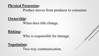 Physical Possession:
Product moves from producer to consumer.
Ownership:
When does title change.
Risking:
Who is responsible for damage.
Negotiation:
Two-way communication.
 