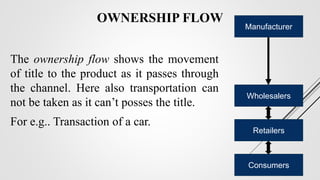 OWNERSHIP FLOW
The ownership flow shows the movement
of title to the product as it passes through
the channel. Here also transportation can
not be taken as it can’t posses the title.
For e.g.. Transaction of a car.
Manufacturer
Wholesalers
Retailers
Consumers
 