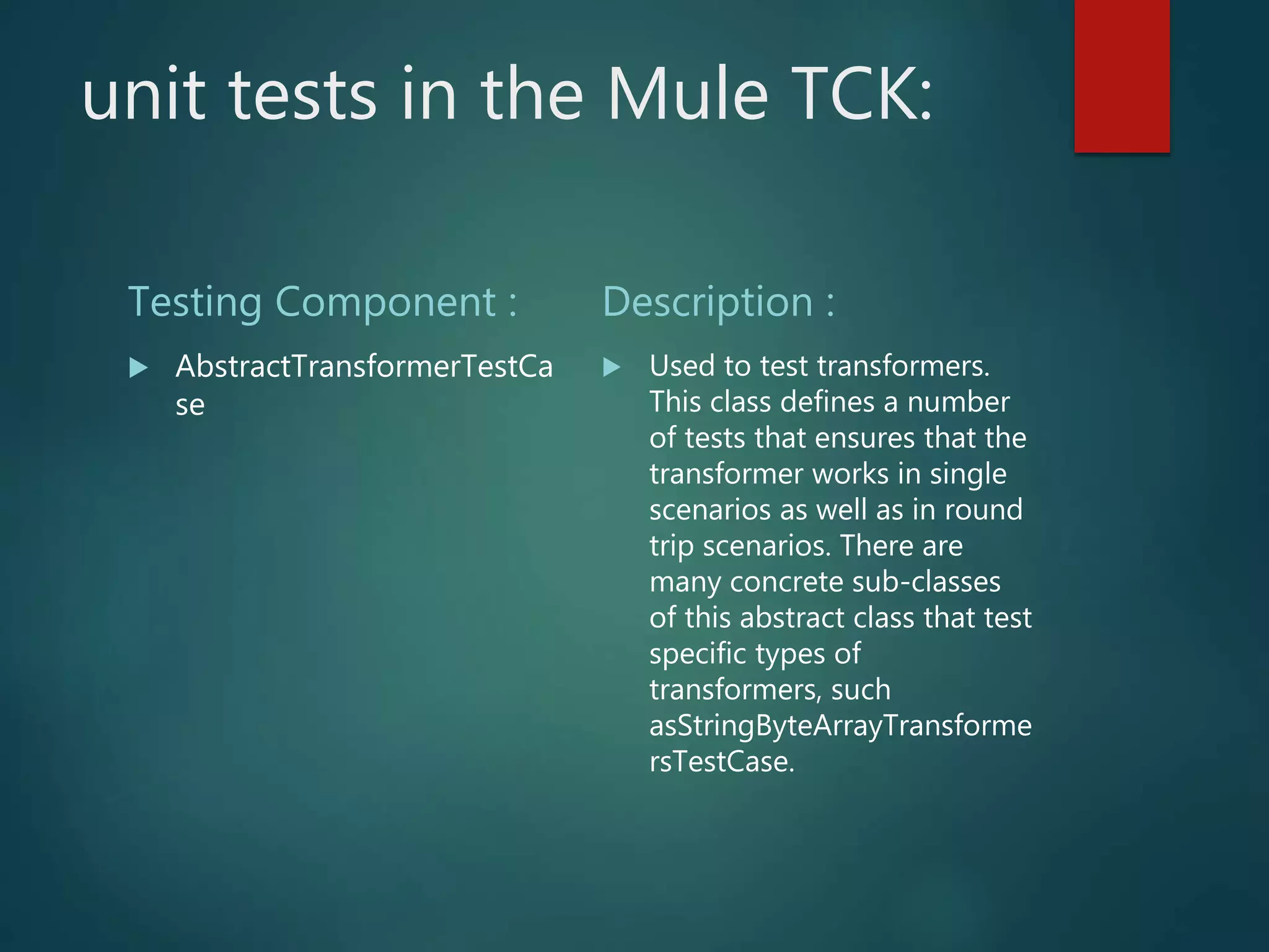 unit tests in the Mule TCK:
Testing Component :
 AbstractTransformerTestCa
se
Description :
 Used to test transformers.
This class defines a number
of tests that ensures that the
transformer works in single
scenarios as well as in round
trip scenarios. There are
many concrete sub-classes
of this abstract class that test
specific types of
transformers, such
asStringByteArrayTransforme
rsTestCase.
 