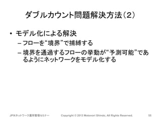 ダブルカウント問題解決方法（２）
• モデル化による解決
– フローを“境界”で捕縛する
– 境界を通過するフローの挙動が“予測可能”であ
るようにネットワークをモデル化する
JPIXネットワーク運用管理セミナー Copyright © 2013 Motonori Shindo, All Rights Reserved. 55
 
