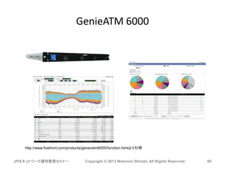 GenieATM 6000
JPIXネットワーク運用管理セミナー Copyright © 2013 Motonori Shindo, All Rights Reserved. 65
http://www.fivefront.com/products/genie/atm6000/function.htmlより引用
 