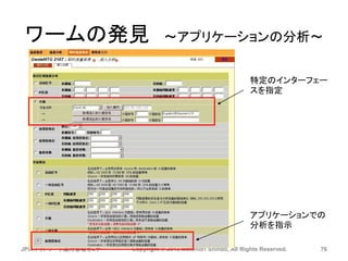 JPIXネットワーク運用管理セミナー Copyright © 2013 Motonori Shindo, All Rights Reserved. 76
ワームの発見 ～アプリケーションの分析～
特定のインターフェー
スを指定
アプリケーションでの
分析を指示
 