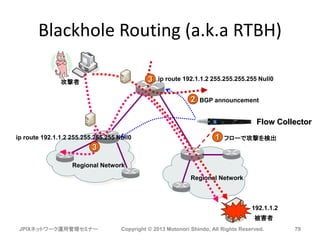 Blackhole Routing (a.k.a RTBH)
JPIXネットワーク運用管理セミナー Copyright © 2013 Motonori Shindo, All Rights Reserved. 79
Regional Network
Regional Network
Flow Collector
フローで攻撃を検出1
BGP announcement2
ip route 192.1.1.2 255.255.255.255 Null03
3
ip route 192.1.1.2 255.255.255.255 Null0
攻撃者
被害者
192.1.1.2
 