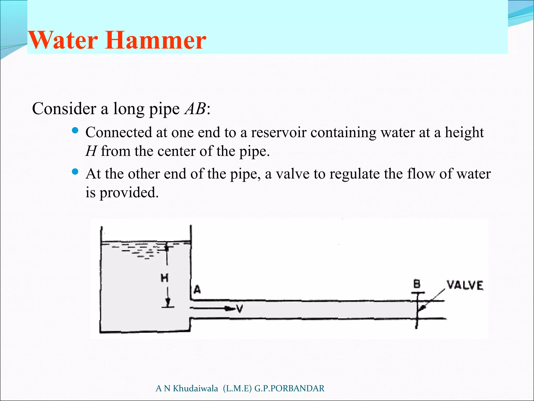 Water Hammer
Consider a long pipe AB:
 Connected at one end to a reservoir containing water at a height
H from the center of the pipe.
 At the other end of the pipe, a valve to regulate the flow of water
is provided.
A N Khudaiwala (L.M.E) G.P.PORBANDAR
 