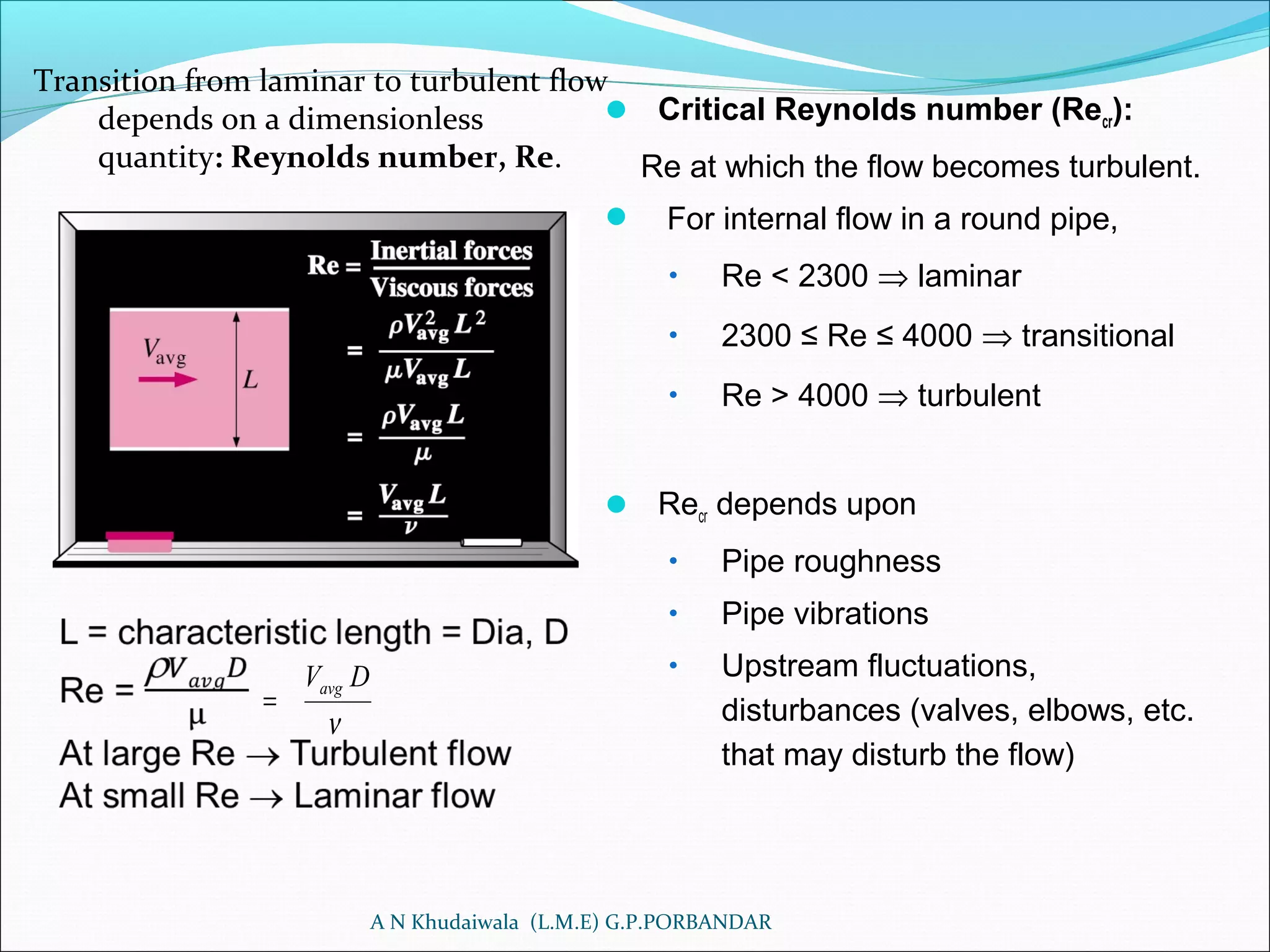  Critical Reynolds number (Recr):
Re at which the flow becomes turbulent.
 For internal flow in a round pipe,
• Re < 2300 ⇒ laminar
• 2300 ≤ Re ≤ 4000 ⇒ transitional
• Re > 4000 ⇒ turbulent
 Recr depends upon
• Pipe roughness
• Pipe vibrations
• Upstream fluctuations,
disturbances (valves, elbows, etc.
that may disturb the flow)
A N Khudaiwala (L.M.E) G.P.PORBANDAR
Transition from laminar to turbulent flow
depends on a dimensionless
quantity: Reynolds number, Re.
ν
DVavg
=
 