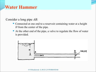 Water Hammer
Consider a long pipe AB:
 Connected at one end to a reservoir containing water at a height
H from the center of the pipe.
 At the other end of the pipe, a valve to regulate the flow of water
is provided.
A N Khudaiwala (L.M.E) G.P.PORBANDAR
 