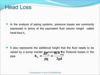 Head Loss
 In the analysis of piping systems, pressure losses are commonly
expressed in terms of the equivalent fluid column height called
head loss hL.
 It also represents the additional height that the fluid needs to be
raised by a pump inorder to overcome the frictional losses in the
pipe
A N Khudaiwala (L.M.E) G.P.PORBANDAR
gd2
fLV
g
P
h
2
avgL
L =
ρ
∆
=
 