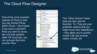 #forcewebinar
The Cloud Flow Designer
One of the most powerful
aspects of Flows is that
you can embed Flows
within Flows – this means
if you have a standard
Flow you want to reuse,
like one that updates
stale VIP Accounts, you
can activate that from
another Flow
The “Other Actions” listed
here are also new for
Summer ‘14. They are your
publisher actions that you
might know from Salesforce1
– they allow you to quickly
create Call Log records,
cases, events, etc.
The first tab is your palette
 