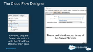 #forcewebinar
The Cloud Flow Designer
Once you drag the
Screen element out
onto the Cloud Flow
Designer main panel
The second tab allows you to see all
the Screen Elements
 