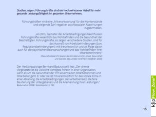 Der Gallup EngagementIndex jährlich erstellt seit 2001, weist einen wachsenden
Anteil von Menschen aus, die sich weder mit ihrer Aufgabe, noch mit ihrem
Unternehmen wirklich identifizieren. Im günstigsten Fall haben sie eine neutrale
Einstellung, im ungünstigsten Fall fühlen sie sich wahllos ihrer Arbeit
ausgeliefert.
„In vielen Unternehmen ignorieren Führungskräfte nach wie vor die
zentralen Bedürfnisse und Erwartungen ihrer Mitarbeiter teilweise oder
völlig. Die Folge ist eine geringe Motivation der Arbeitnehmer: 21 Prozent
weisen keine emotionale Bindung an ihr Unternehmen auf und verhalten
sich am Arbeitsplatz destruktiv, d.h. sie zeigen unerwünschtes Verhalten,
das zu Lasten der Leistungs- und Wettbewerbsfähigkeit der Unternehmen
geht.“
GALLUP, 02/2011
Auf der anderen Seite wächst aber auch die Zahl jener Menschen, die überstark
mit ihrer Arbeit identifiziert sind, die den wachsenden Leistungsdruck
aufzusaugen scheinen und mit Ausdauer und Energie sich engagieren.
Allerdings ist es auch diese Gruppe von Leistungsträgern, die zunehmend von
Erschöpfung und Überdruss betroffen ist bis zu depressiven Formen und Burn-
out.
Dr.Renato Vivanco, Gutachter und Leiter HealthCare Team bei Flow_Zone, hält
hoch motivierte, hoch identifizierte Beschäftigte für besonders gefährdet –
ideale Mitarbeiter also, die an die Sache glauben , eigentlich ein Traum für jede
Führungskraft.
„Diese Menschen sind ambitioniert, sie stellen hohe Anforderungen an sich
selbst, arbeiten ziel- und ergebnisorientiert, agieren problemlösend und
fühlen sich verantwortlich.“ Ihnen falle es besonders schwer, zu
akzeptieren, dass sie nie 100 Prozent schaffen können, was sie erwarten –
hinzu kommt der gestiegene Druck von außen und die grundlegende
Beschleunigung”, sagt der Experte für Neurologie und Psychiatrie.
15
 