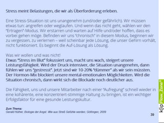 Das Prinzip vom gekochten Frosch
„Nehmen Sie eine Frosch und werfen ihn
in heißes Wasser. Er springt sofort raus und
beschwert sich bitterlich bei Ihnen.
Setzen Sie ihn in einen Topf mit lauwarmem
Wasser und erhitzen den Topf ganz langsam.
Dann verweilt er, bis er gekocht ist.“
Oft sind wir „gekochte Frösche“: schleichend gewöhnt,
langsam gegart. Das Prinzip vom gekochten Frosch
funktioniert im Großen und im Kleinen, individuell und
im Team und in beide Richtungen:
Zum Guten, wie zum Schlechten.
So gilt es, den Vorteil langsamen Gewöhnung zu nutzen
und die Gefahr durch kluge Messfühler zu meiden.
39
 