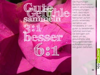 Die kleinen Verrückungen.
Oft suchen wir nach den
Sensationen. Große Schritte
begeistern oder erschrecken
uns. Im Leben sind oft die
kleinen Dinge in ihrer
Wiederholung wirksamer als
die lauten Spektakel.
Das gilt im Guten, wie im
Schlechten. Das wird uns
immer dann bewusst, wenn
wir z.B. feststellen, dass drei
Kilo zugenommen haben
übers Jahr – und eigentlich war
alles wie immer.
Brian Wansink, ein Forscher
der unser Ernährungs-
verhalten untersucht, gibt
folgender Tipp zum Thema:
Die Teller Ihrer Oma waren ca.
10% kleiner als die heute
üblichen. Wir befüllen unsere
Teller jedoch immer
proportional. Also, so Wansink,
wechseln Sie wieder zu den
etwas kleineren Teller und sie
werden durch diese kleine
Verrücktheit drei bis sieben
Kilo Gewicht verlieren übers
Jahr – ohne es zu merken.
58
 
