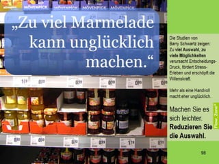 WYSIWYG
Es sind auch oder gerade die ganz alltäglichen Situationen und Umgebungen, die uns in unserem
Verhalten stark beeinflussen. Im Sinne von What You See is What You Get prägt was ist unsere
Erwartungen und unsere Verhaltenstendenz. So verwirklicht sich zB. Verhalten A wahrscheinlicher und
während Verhalten B gehemmt wird. Unabhängig von der persönlichen Präferenz. Der Kontext wirkt.
Kontext wirkt.
98
 