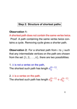 Step 2: Structure of shortest paths
Observation 1:
A shortest path does not contain the same vertex twice.
Proof: A path containing the same vertex twice contains a cycle. Removing cycle gives a shorter path.



Observation 2: For a shortest path from to such
that any intermediate vertices on the path are chosen
, there are two possibilities:
from the set



'
(% ¥

.

£
 ¨¥ 0
§ 
¡

¤£¡

¡
 ¨¥ 
§ 

¨

¨

¥

#
$¥

!


%
%

2. is a vertex on the path.
The shortest such path has length

 ¨¥ 
§ 

¨

1. is not a vertex on the path,
The shortest such path has length

6

.

 