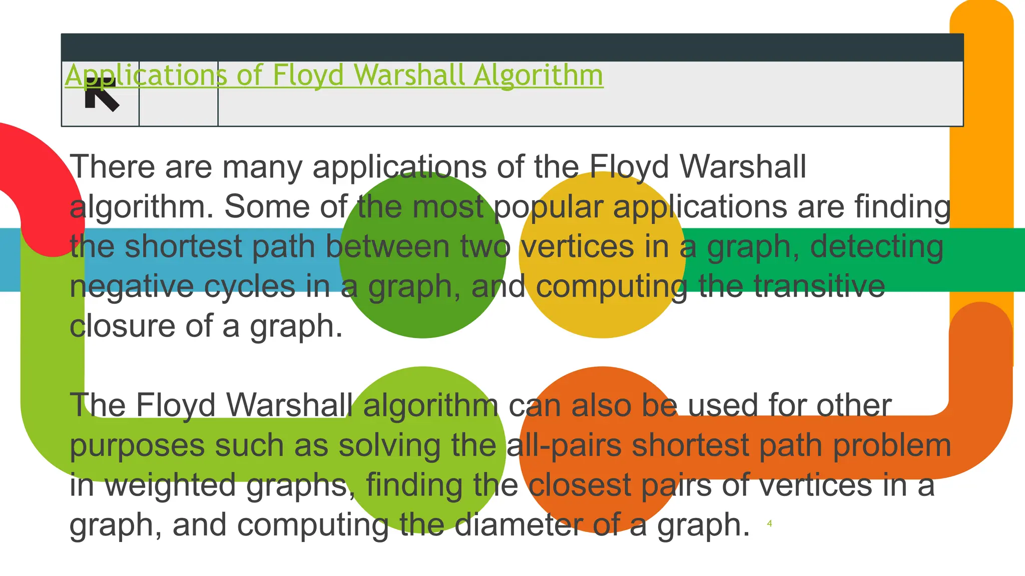 Applications of Floyd Warshall Algorithm
There are many applications of the Floyd Warshall
algorithm. Some of the most popular applications are finding
the shortest path between two vertices in a graph, detecting
negative cycles in a graph, and computing the transitive
closure of a graph.
The Floyd Warshall algorithm can also be used for other
purposes such as solving the all-pairs shortest path problem
in weighted graphs, finding the closest pairs of vertices in a
graph, and computing the diameter of a graph. 4
 