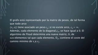 El grafo está representado por la matriz de pesos, de tal forma
que todo arco
(𝑣𝑖, 𝑣𝑗) tiene asociado un peso 𝑐𝑖𝑗; si no existe arco, 𝑐𝑖𝑗 = ∞.
Además, cada elemento de la diagonal,𝑐𝑖𝑖, se hace igual a 0. El
algoritmo de Floyd determina una nueva matriz, D, de
n𝑥𝑛 elementos tal que cada elemento, D𝑖𝑗, contiene el coste del
camino mínimo de v𝑖 a 𝑣𝑗.
 